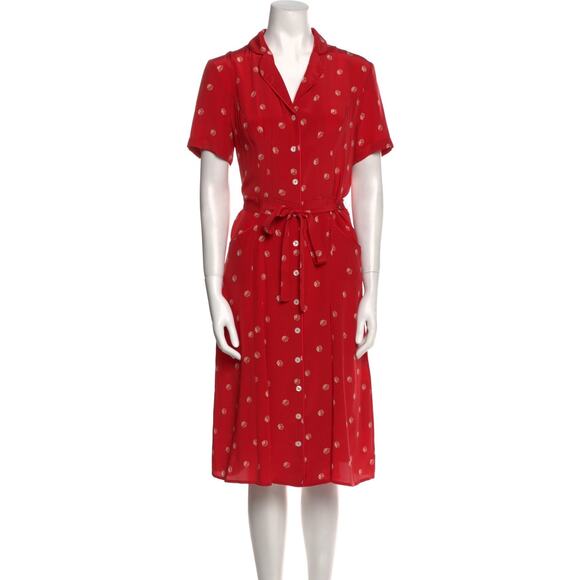 HVN Silk Printed Midi Dress Button-Up Red - S